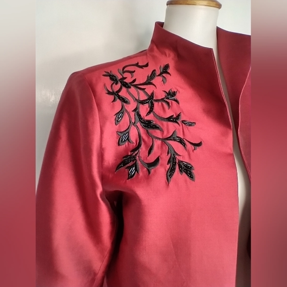 Victor Costa Scarlet Blazer with Black Leaf Detail